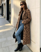 Womens Winter Warm Leopard Long Wool Coats Double Breasted Pea Coat - Notched Lapel, Double Breasted, Dressy Winter Warm Overcoat with Premium Fabric Style