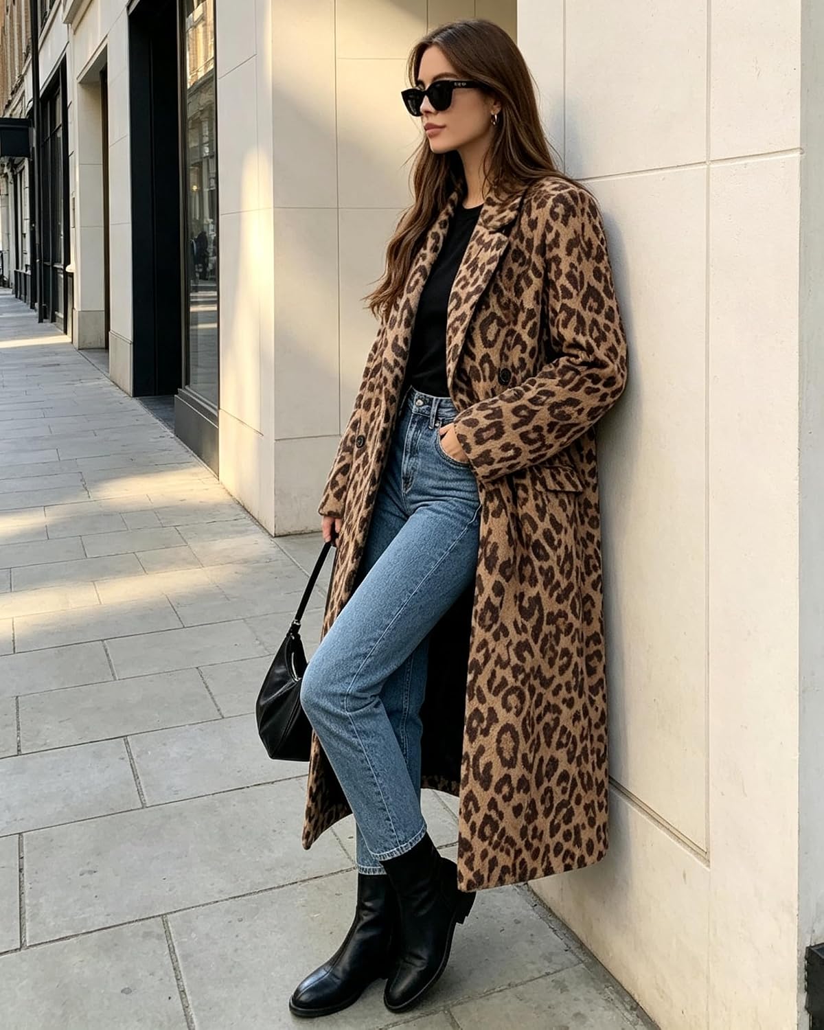 Womens Winter Warm Leopard Long Wool Coats Double Breasted Pea Coat - Notched Lapel, Double Breasted, Dressy Winter Warm Overcoat with Premium Fabric Style