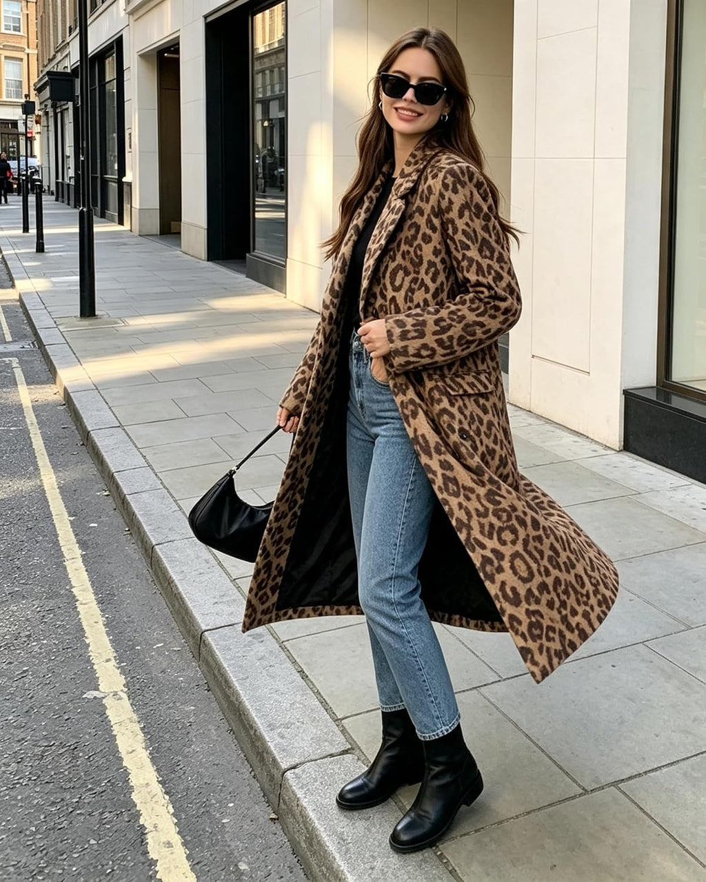 Womens Winter Warm Leopard Long Wool Coats Double Breasted Pea Coat - Notched Lapel, Double Breasted, Dressy Winter Warm Overcoat with Premium Fabric Style