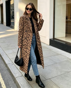Womens Winter Warm Leopard Long Wool Coats Double Breasted Pea Coat - Notched Lapel, Double Breasted, Dressy Winter Warm Overcoat with Premium Fabric Style