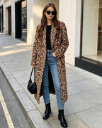 Womens Winter Warm Leopard Long Wool Coats Double Breasted Pea Coat - Notched Lapel, Double Breasted, Dressy Winter Warm Overcoat with Premium Fabric Style