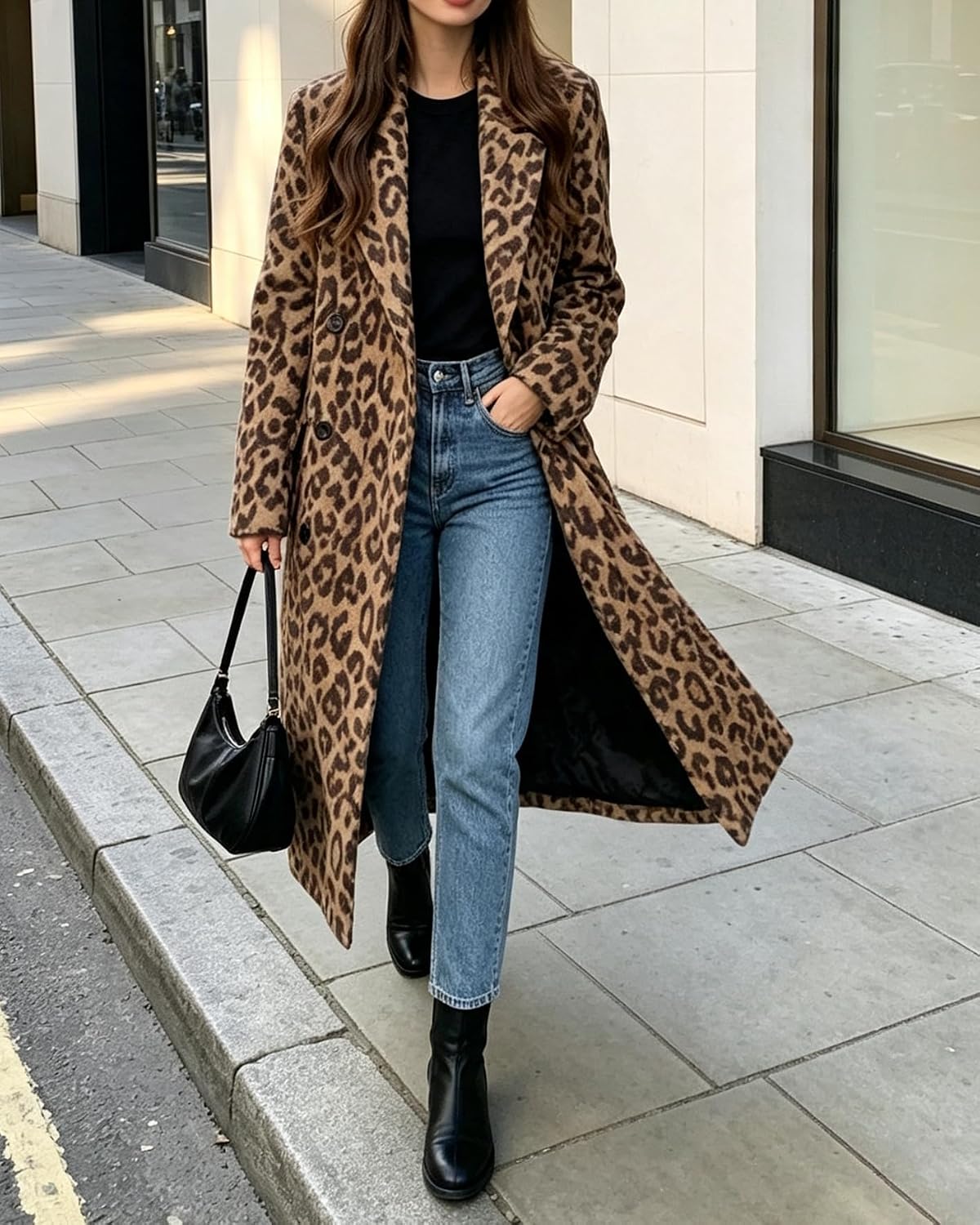 Womens Winter Warm Leopard Long Wool Coats Double Breasted Pea Coat - Notched Lapel, Double Breasted, Dressy Winter Warm Overcoat with Premium Fabric Style