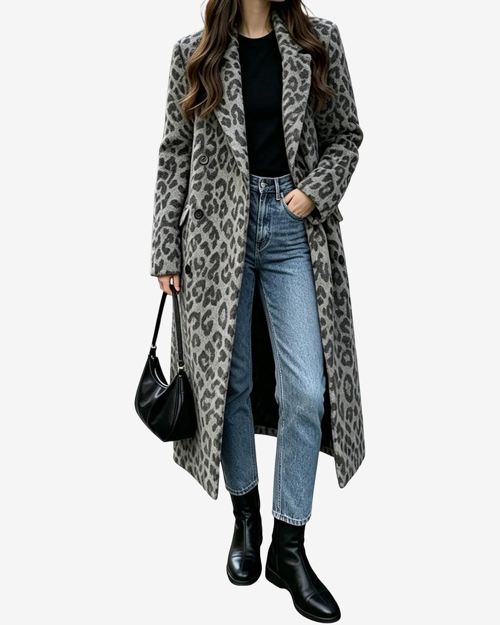 Womens Winter Warm Leopard Long Wool Coats Double Breasted Pea Coat - Notched Lapel, Double Breasted, Dressy Winter Warm Overcoat with Premium Fabric Style