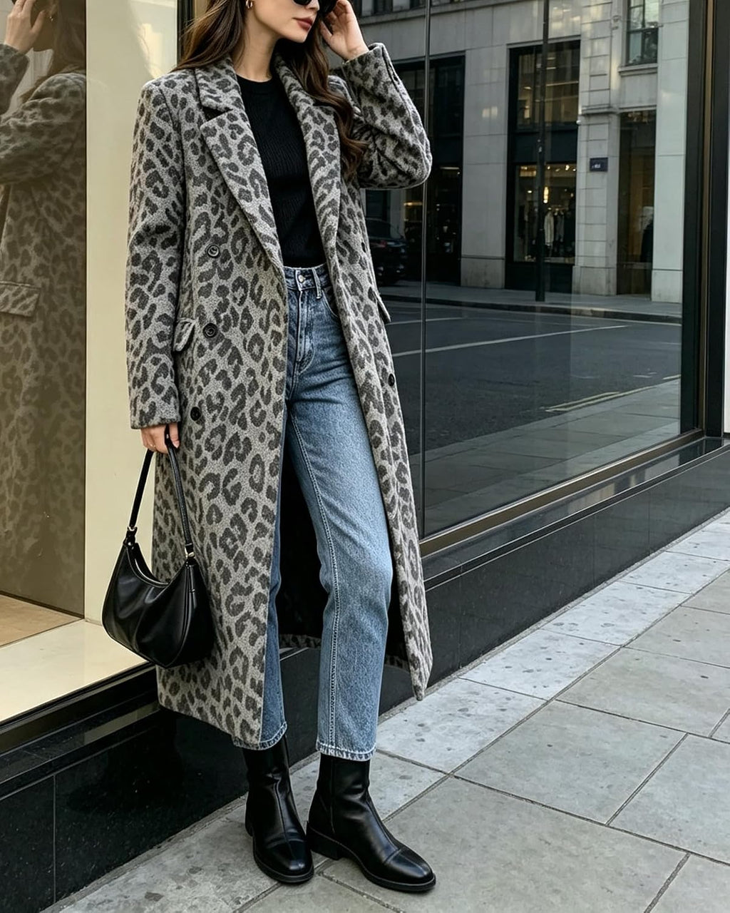Womens Winter Warm Leopard Long Wool Coats Double Breasted Pea Coat - Notched Lapel, Double Breasted, Dressy Winter Warm Overcoat with Premium Fabric Style