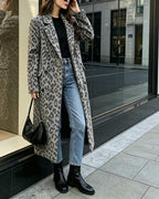 Womens Winter Warm Leopard Long Wool Coats Double Breasted Pea Coat - Notched Lapel, Double Breasted, Dressy Winter Warm Overcoat with Premium Fabric Style