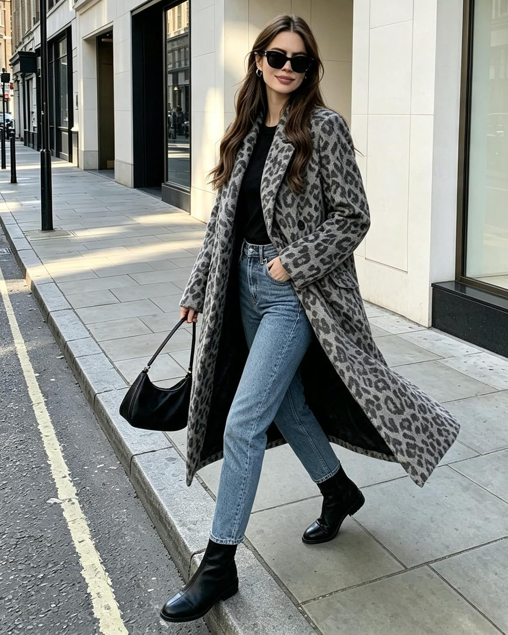 Womens Winter Warm Leopard Long Wool Coats Double Breasted Pea Coat - Notched Lapel, Double Breasted, Dressy Winter Warm Overcoat with Premium Fabric Style