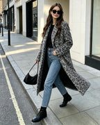 Womens Winter Warm Leopard Long Wool Coats Double Breasted Pea Coat - Notched Lapel, Double Breasted, Dressy Winter Warm Overcoat with Premium Fabric Style