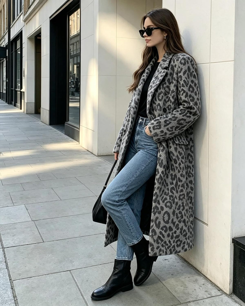 Womens Winter Warm Leopard Long Wool Coats Double Breasted Pea Coat - Notched Lapel, Double Breasted, Dressy Winter Warm Overcoat with Premium Fabric Style