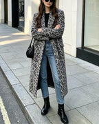 Womens Winter Warm Leopard Long Wool Coats Double Breasted Pea Coat - Notched Lapel, Double Breasted, Dressy Winter Warm Overcoat with Premium Fabric Style