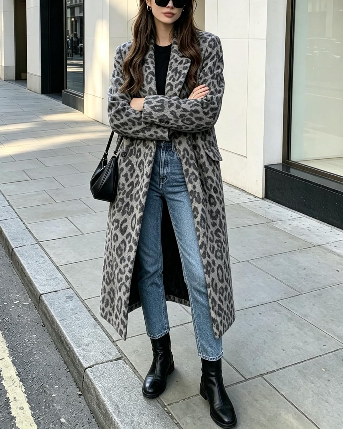 Womens Winter Warm Leopard Long Wool Coats Double Breasted Pea Coat - Notched Lapel, Double Breasted, Dressy Winter Warm Overcoat with Premium Fabric Style