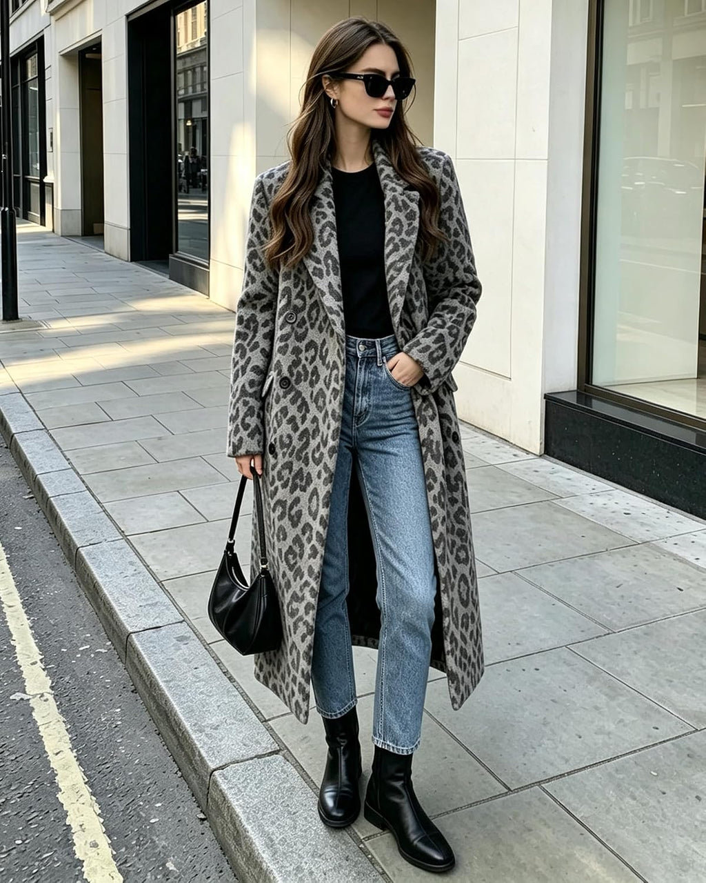 Womens Winter Warm Leopard Long Wool Coats Double Breasted Pea Coat - Notched Lapel, Double Breasted, Dressy Winter Warm Overcoat with Premium Fabric Style
