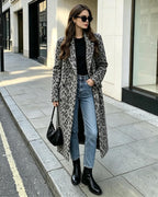Womens Winter Warm Leopard Long Wool Coats Double Breasted Pea Coat - Notched Lapel, Double Breasted, Dressy Winter Warm Overcoat with Premium Fabric Style