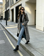 Womens Winter Warm Leopard Long Wool Coats Double Breasted Pea Coat - Notched Lapel, Double Breasted, Dressy Winter Warm Overcoat with Premium Fabric Style