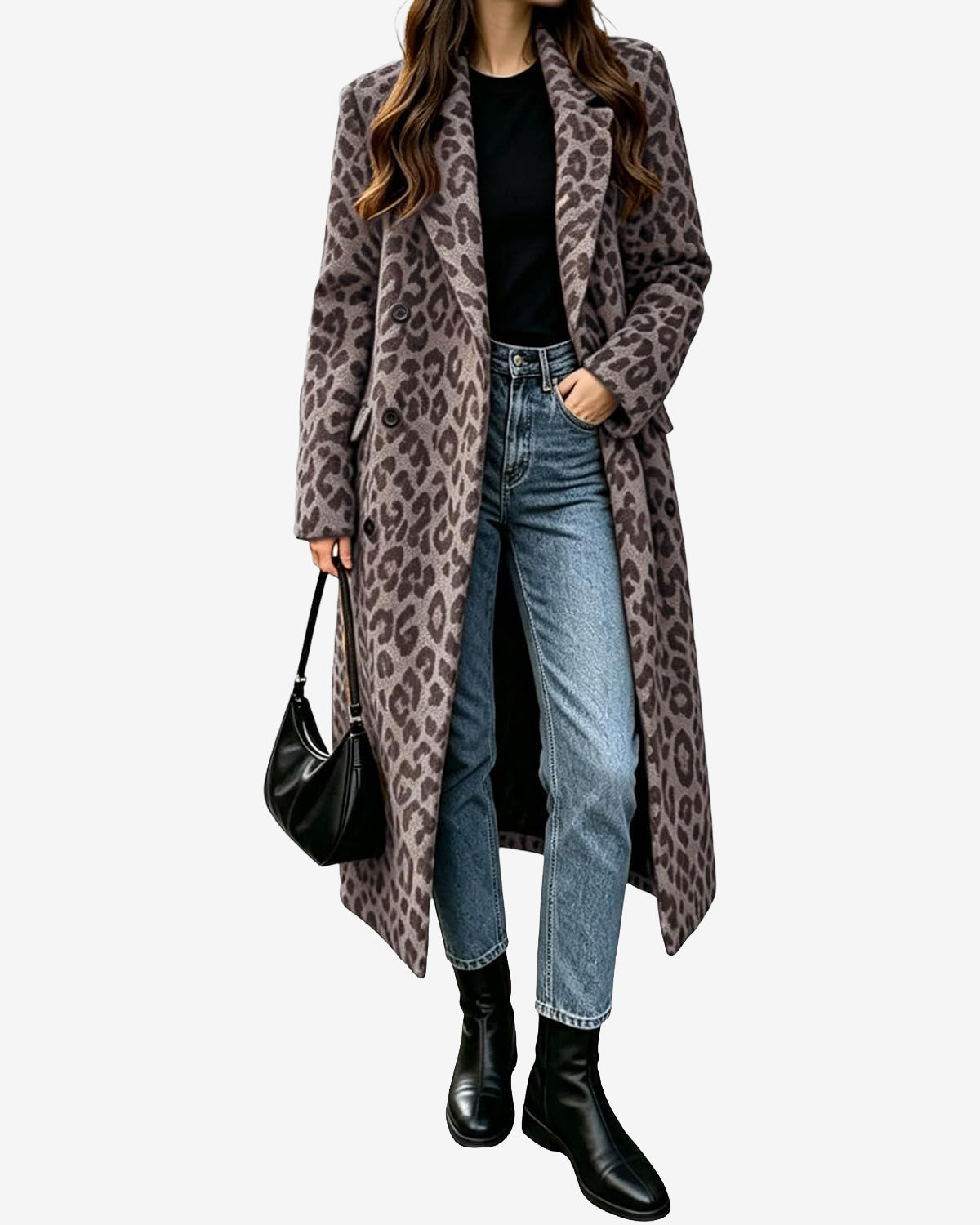 Womens Winter Warm Leopard Long Wool Coats Double Breasted Pea Coat - Notched Lapel, Double Breasted, Dressy Winter Warm Overcoat with Premium Fabric Style