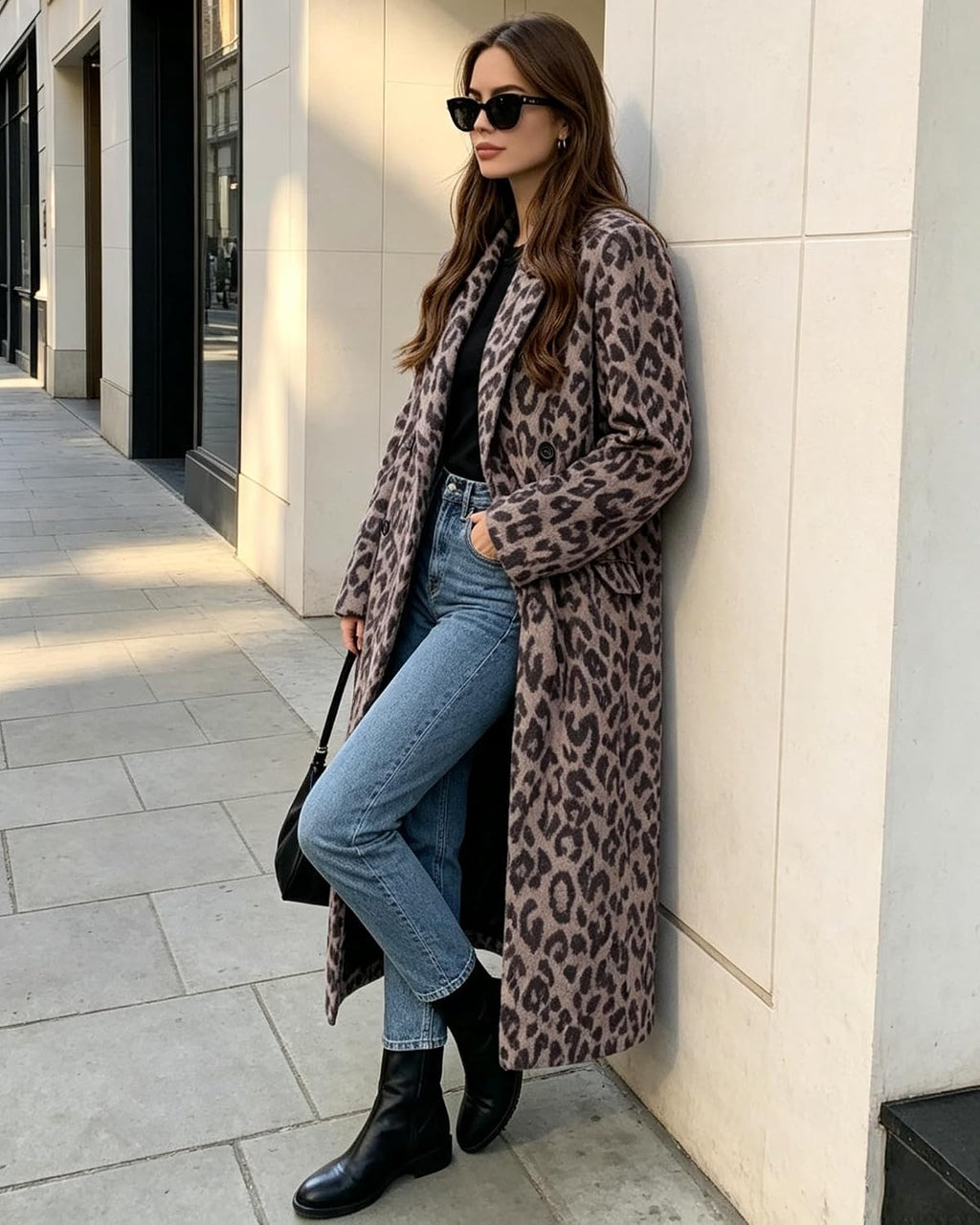 Womens Winter Warm Leopard Long Wool Coats Double Breasted Pea Coat - Notched Lapel, Double Breasted, Dressy Winter Warm Overcoat with Premium Fabric Style