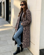 Womens Winter Warm Leopard Long Wool Coats Double Breasted Pea Coat - Notched Lapel, Double Breasted, Dressy Winter Warm Overcoat with Premium Fabric Style