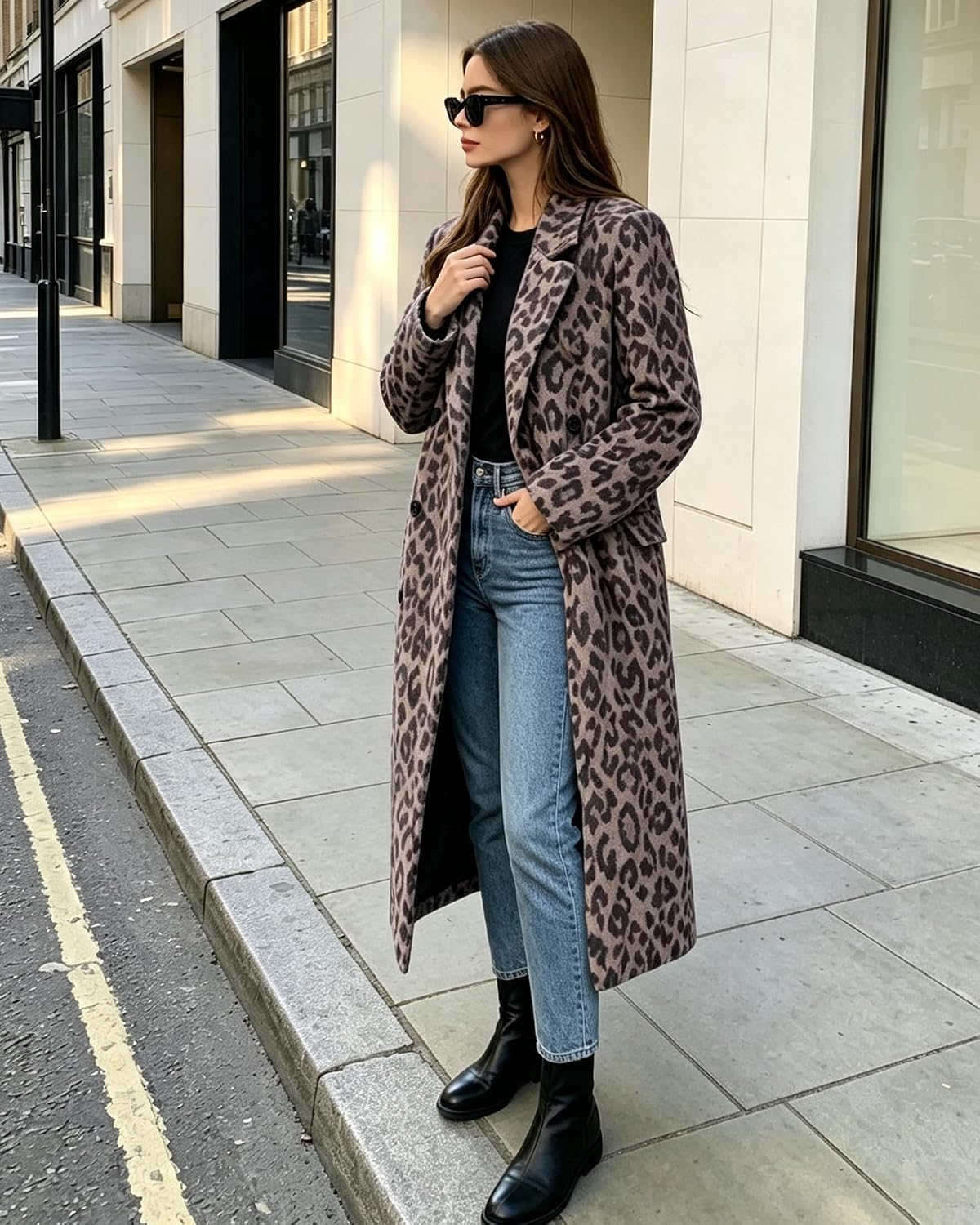 Womens Winter Warm Leopard Long Wool Coats Double Breasted Pea Coat - Notched Lapel, Double Breasted, Dressy Winter Warm Overcoat with Premium Fabric Style