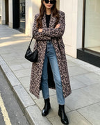 Womens Winter Warm Leopard Long Wool Coats Double Breasted Pea Coat - Notched Lapel, Double Breasted, Dressy Winter Warm Overcoat with Premium Fabric Style