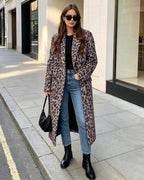 Womens Winter Warm Leopard Long Wool Coats Double Breasted Pea Coat - Notched Lapel, Double Breasted, Dressy Winter Warm Overcoat with Premium Fabric Style