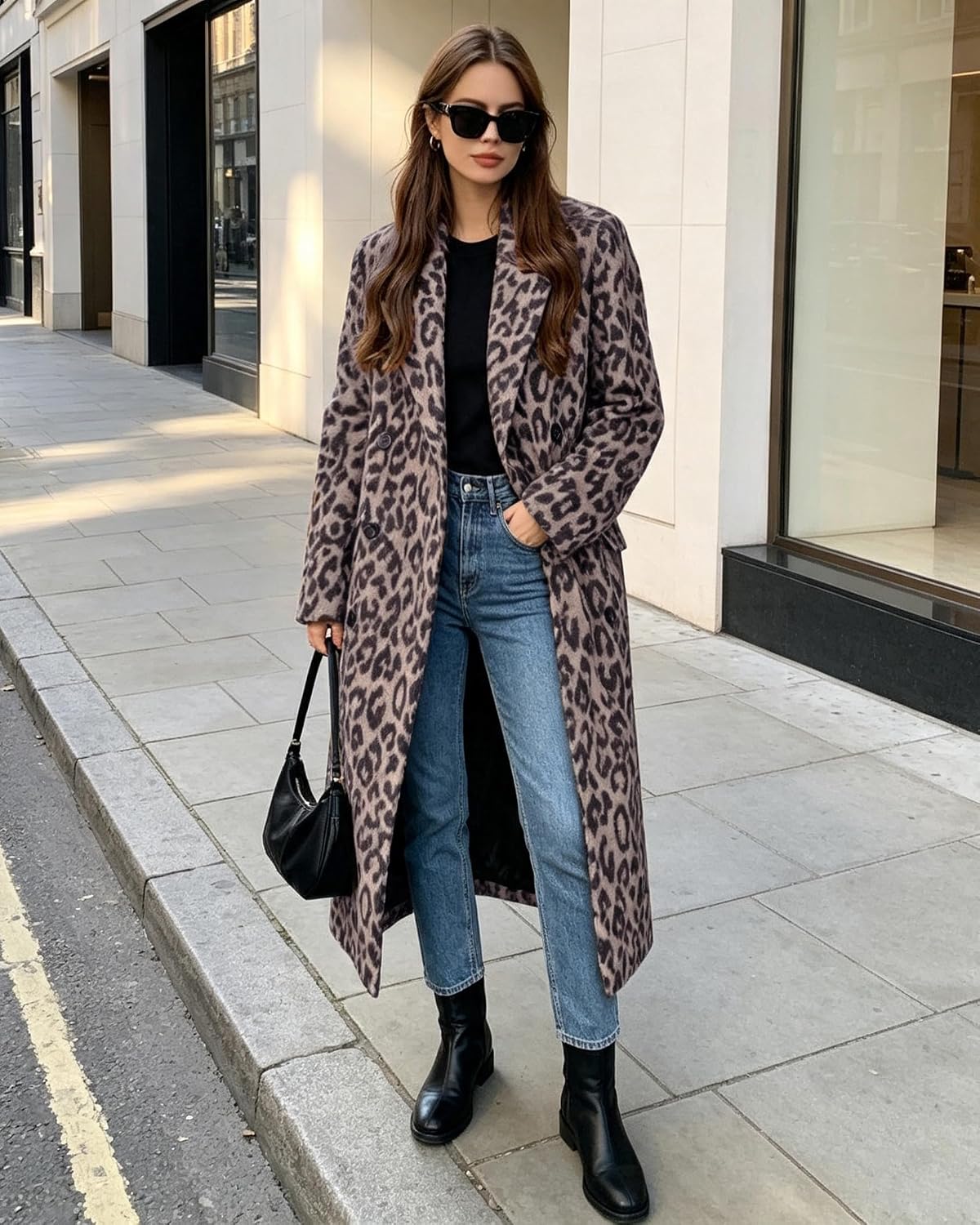 Womens Winter Warm Leopard Long Wool Coats Double Breasted Pea Coat - Notched Lapel, Double Breasted, Dressy Winter Warm Overcoat with Premium Fabric Style