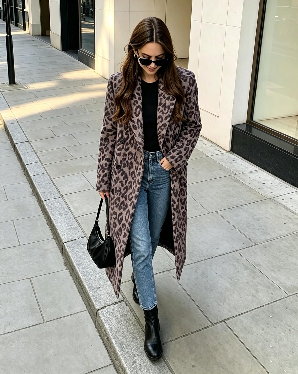 Womens Winter Warm Leopard Long Wool Coats Double Breasted Pea Coat - Notched Lapel, Double Breasted, Dressy Winter Warm Overcoat with Premium Fabric Style