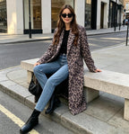 Womens Winter Warm Leopard Long Wool Coats Double Breasted Pea Coat - Notched Lapel, Double Breasted, Dressy Winter Warm Overcoat with Premium Fabric Style