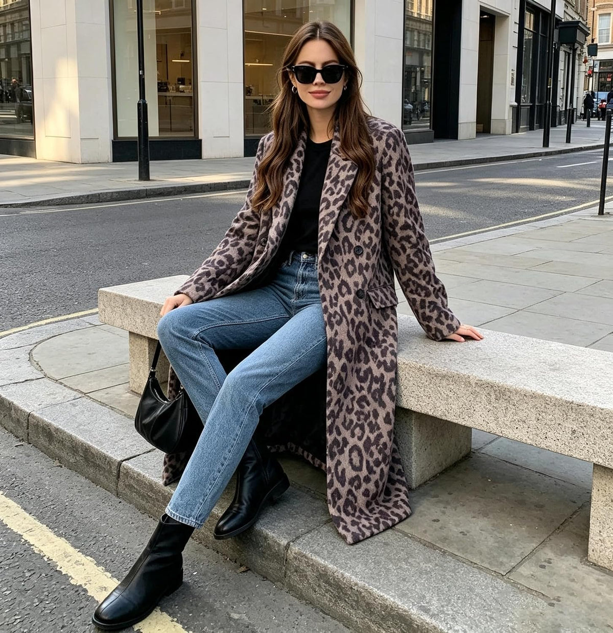 Womens Winter Warm Leopard Long Wool Coats Double Breasted Pea Coat - Notched Lapel, Double Breasted, Dressy Winter Warm Overcoat with Premium Fabric Style