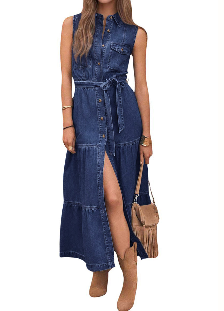 Chouyatou Women's Summer Button Down Denim Shirt Dress Business Casual Belted Sleeveless Midi Long Jean Dress