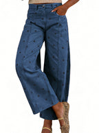 CHOUYATOU Women's Polka Dot Pattern Barrel Jeans Boyfriend Y2K Casual Mid Rise Wide Leg Denim Pants