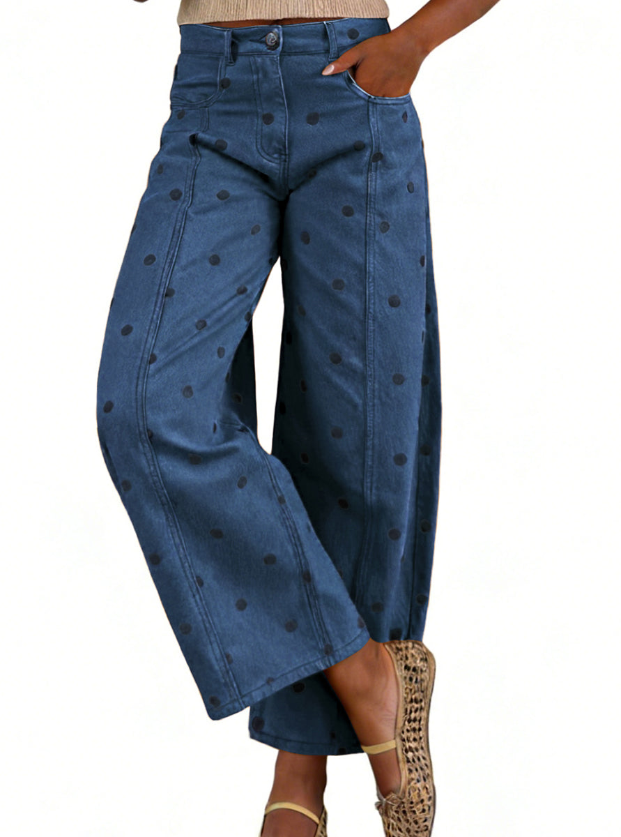 CHOUYATOU Women's Polka Dot Pattern Barrel Jeans Boyfriend Y2K Casual Mid Rise Wide Leg Denim Pants