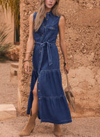 Chouyatou Women's Summer Button Down Denim Shirt Dress Business Casual Belted Sleeveless Midi Long Jean Dress
