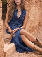 Chouyatou Women's Summer Button Down Denim Shirt Dress Business Casual Belted Sleeveless Midi Long Jean Dress
