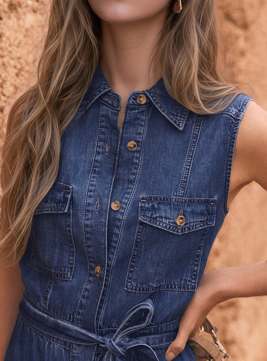 Chouyatou Women's Summer Button Down Denim Shirt Dress Business Casual Belted Sleeveless Midi Long Jean Dress