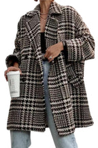 Chouyatou Women Winter Houndstooth Wool Blend Coat Notch Lapel Loose Warm Mid Long Double Breasted Peacoat