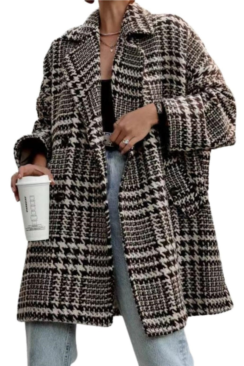 Chouyatou Women Winter Houndstooth Wool Blend Coat Notch Lapel Loose Warm Mid Long Double Breasted Peacoat