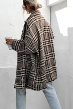 Chouyatou Women Winter Houndstooth Wool Blend Coat Notch Lapel Loose Warm Mid Long Double Breasted Peacoat