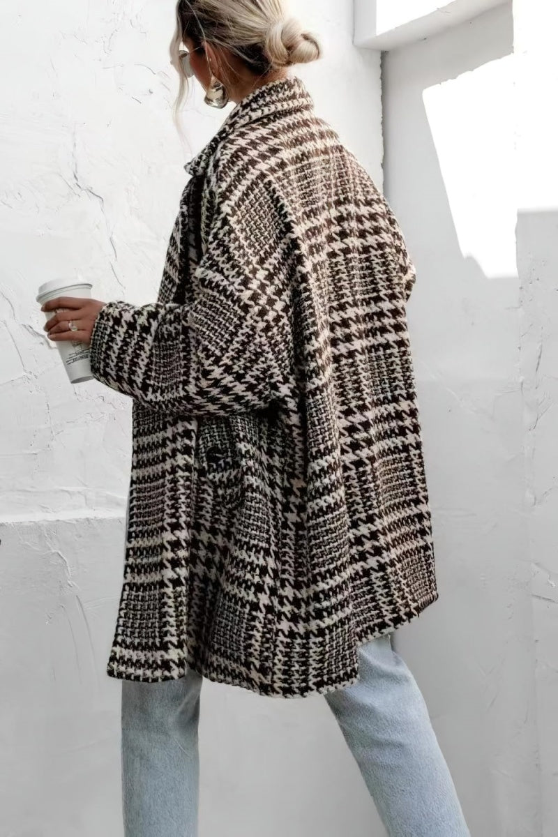Chouyatou Women Winter Houndstooth Wool Blend Coat Notch Lapel Loose Warm Mid Long Double Breasted Peacoat