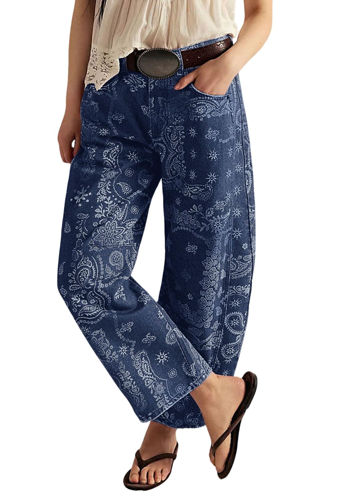 Chouyatou Women Boyfriend Baggy Barrel Jeans Floral Print Denim Ankle Pants Wide Leg Mid Rise Jeans Sweatpants Y2k Patchwork