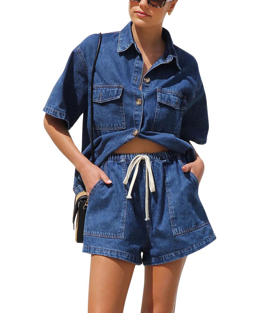 Chouyatou Women's Summer Denim 2 Piece Outfits Short Sleeve Button Down Shirt Elastic Waist Wide Leg Shorts Matching Set
