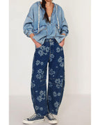 Chouyatou Women Y2k Distressed Barrel Jeans Baggy Wide Leg Jeans Floral Printed Boyfriend Patchwork Denim Pants