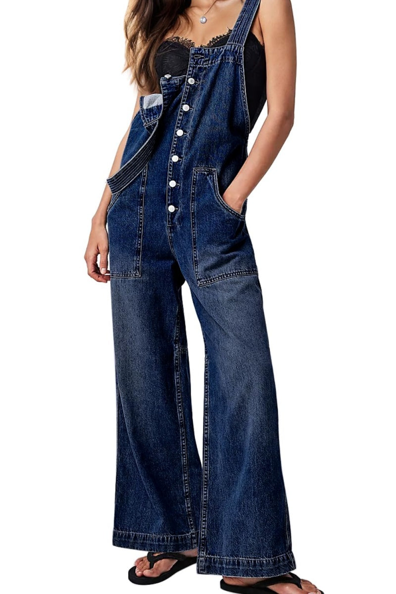 Chouyatou Casual Denim Jumpsuit for Women Overalls Wide Leg Jumpsuit Jeans Denim Bib Overalls Dungaree Pockets