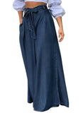 Chouyatou Women's Casual Tie Knot Denim Pant High Waist Wide Leg Dressy Jean Pants Palazzo Culottes with Pockets