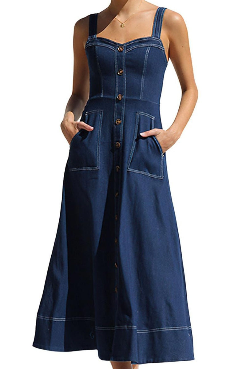 Chouyatou Women's Adjustable Strap Midi Long Denim Dress Button Down A-Line Swing Flowy Jean Dress