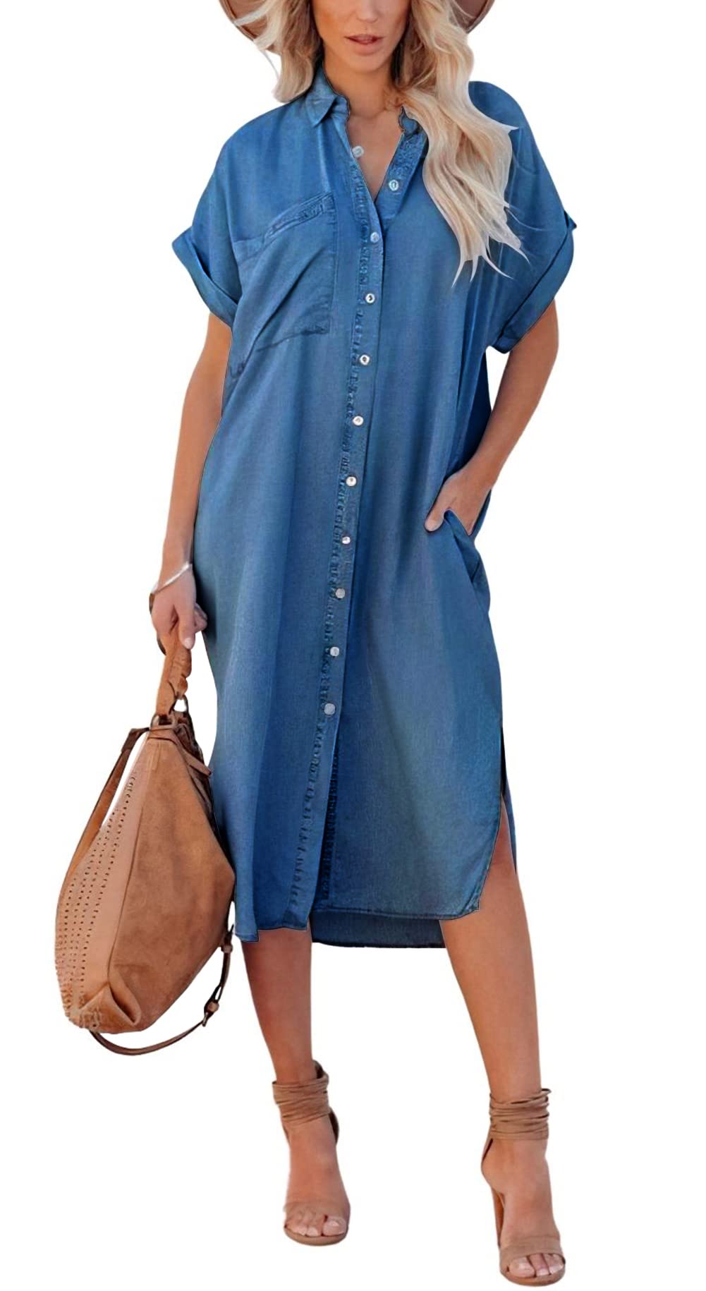 Chouyatou Women Casual Button Down Faux Denim Midi Shirt Dress Side Slit Short Sleeve Jean Dress with Pocket