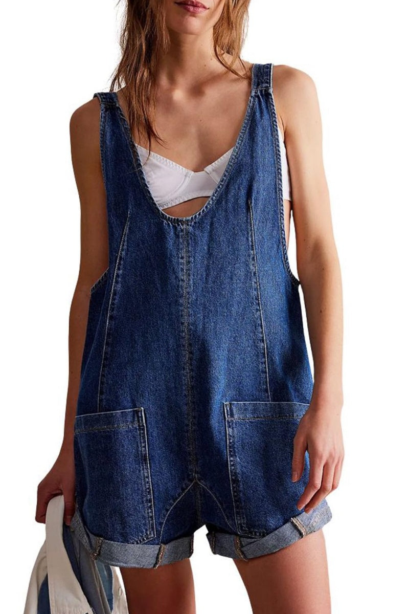 Chouyatou Women Casual Denim Short Overalls Rolled Cuff Barrel Shorts Jumpsuit Rompers