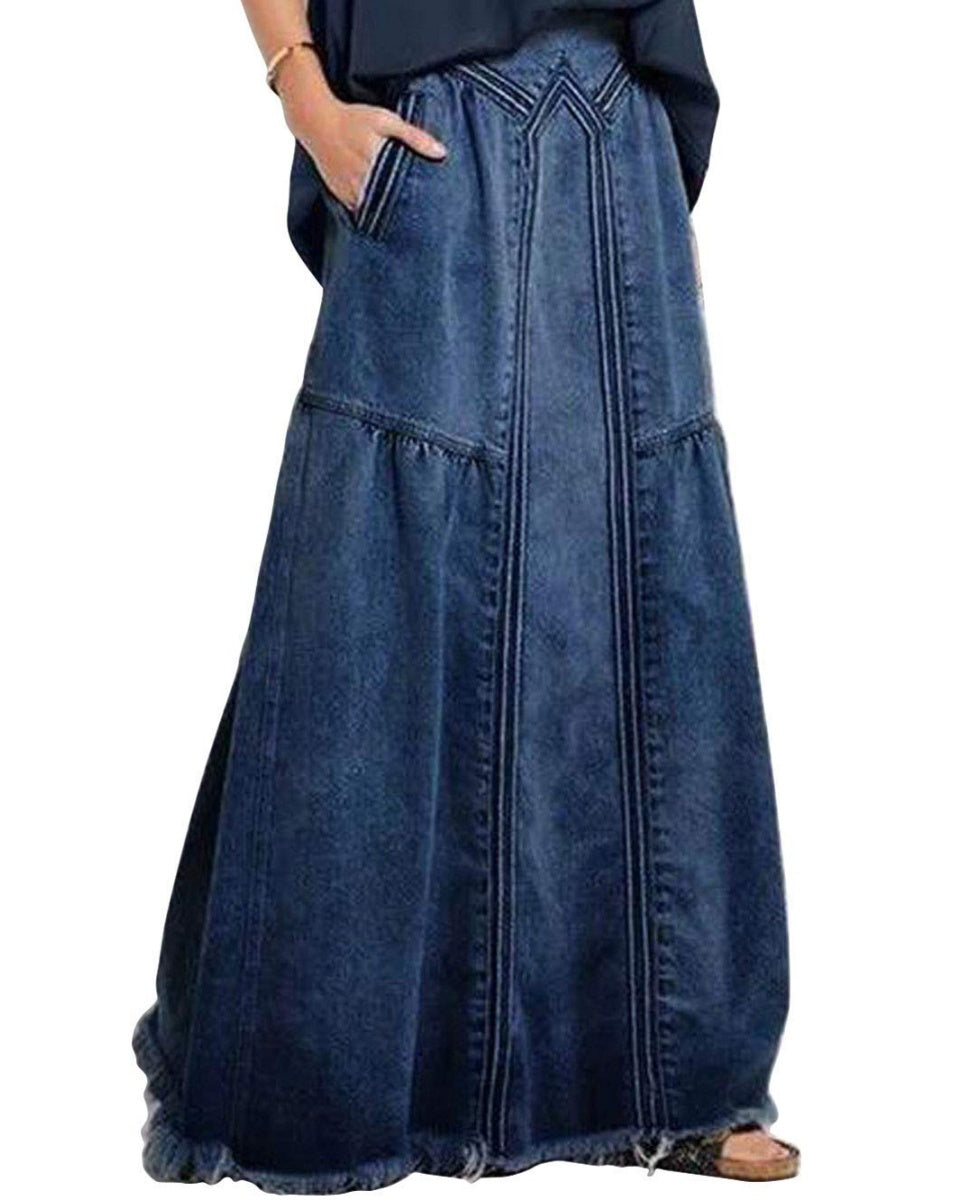 Chouyatou Women's Casual Elastic Waist Frayed Hem A-Line Distressed Hippie Long Maxi Denim Skirt