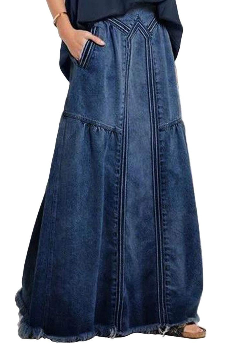 Chouyatou Women's Casual Elastic Waist Frayed Hem A-Line Distressed Hippie Long Maxi Denim Skirt