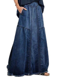 Chouyatou Women's Casual Elastic Waist Frayed Hem A-Line Distressed Hippie Long Maxi Denim Skirt