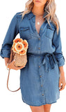 Chouyatou Women's Casual Button Down Jean Shirt Dress Long Sleeve Tie Waist Lightweight Denim Shirt Dress