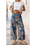 Chouyatou Women Mid Rise Cropped Wide Leg Jeans Baggy Floral Ankle Pants Denim Capris Flare Print Boho Palazzo Jeans Boyfriend